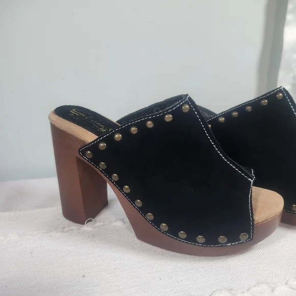 Stuart Weitzman Black Mules with Gold Studs - Picture 3 of 9